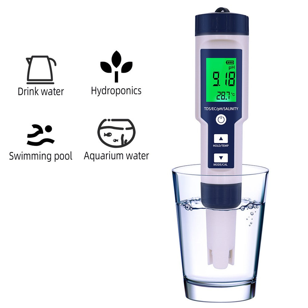 5-in-1 Digital Water Quality Tester - PH/TDS/EC/Temperature/Salinity Analyzer, IP67 Water Resistant, Backlit Display