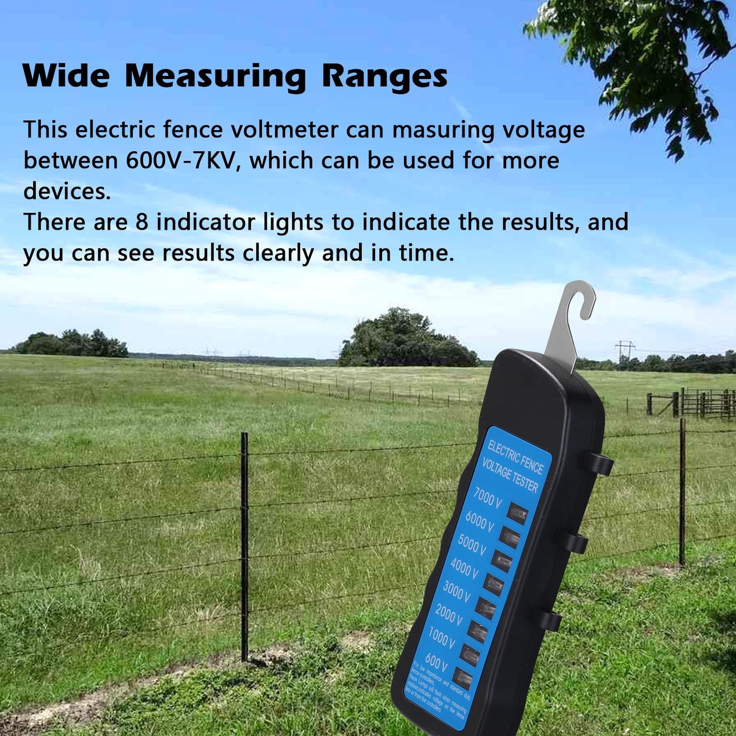 MLD-002 Electric Fence Voltmeter 600V-7KV, Battery-Free, 8 Indicator Lights for Home Garden & Livestock