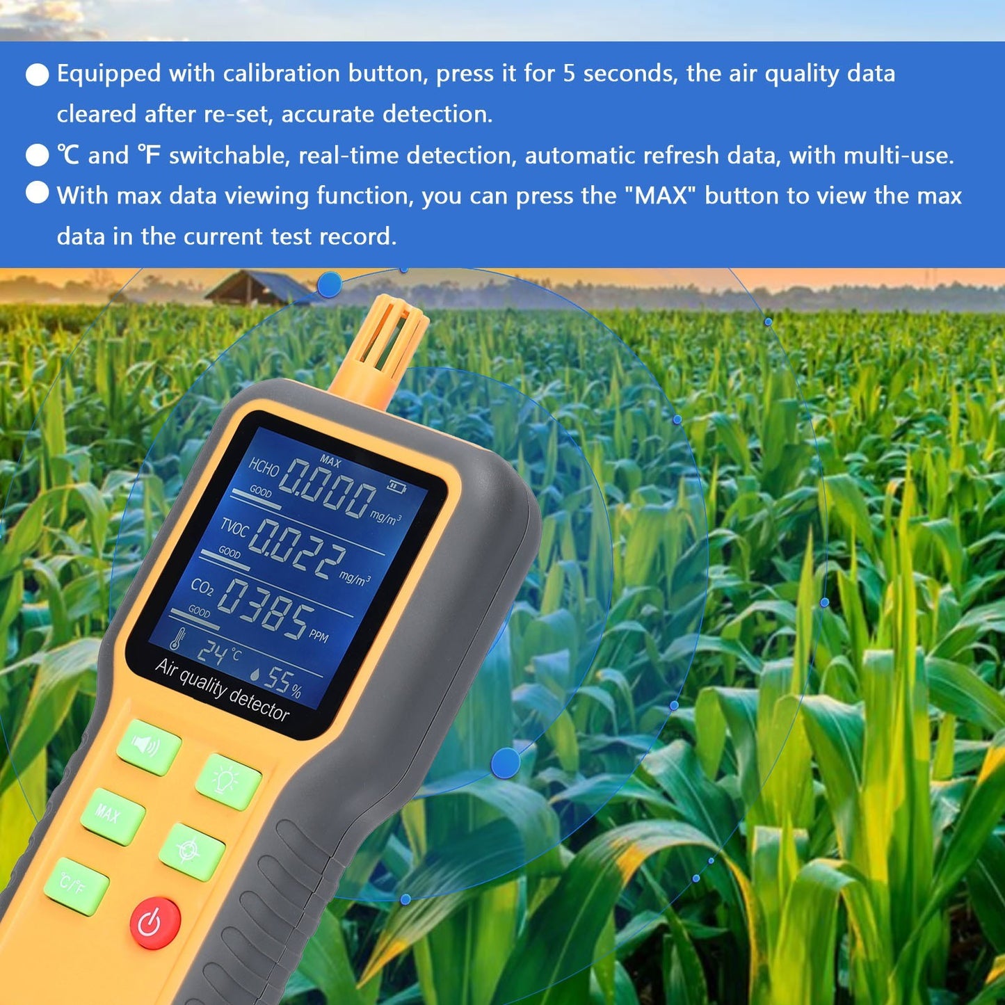 Multifunctional Air Quality Detector with LCD Backlit Display: CO2, TVOC, HCHO, Temperature & Humidity Sensors, Self-Calibrating & Alarm Function