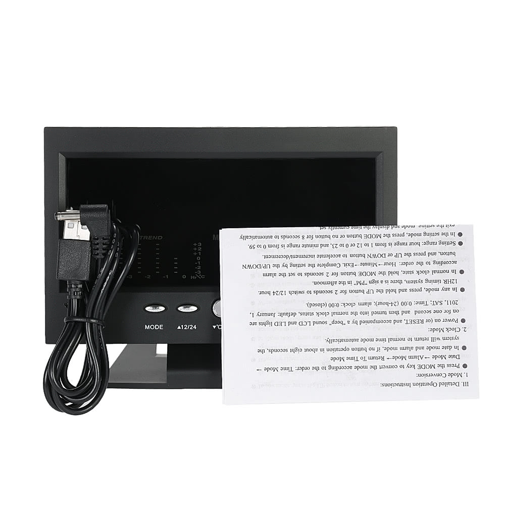 Multifunctional Indoor LCD Weather Station: Temperature, Humidity, Alarm & Forecast with Voice-Activated Backlight & USB