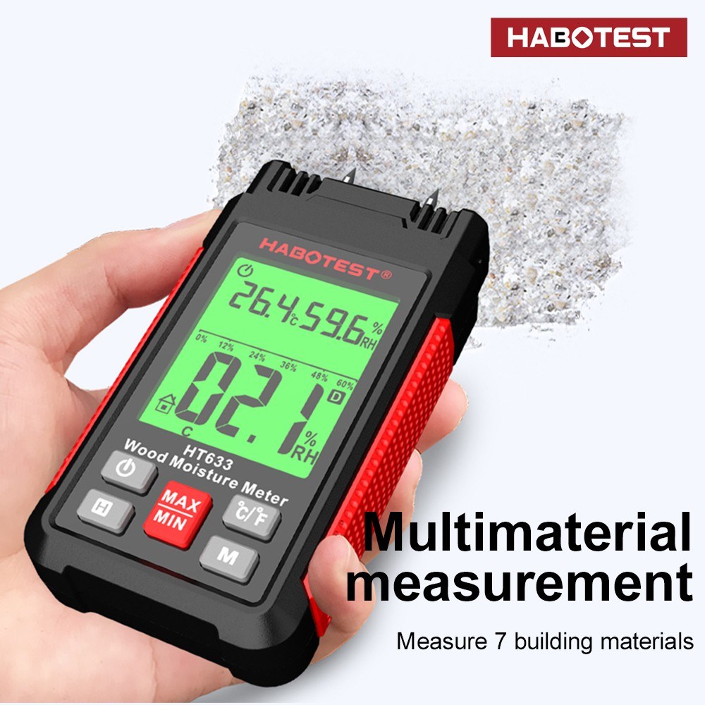 HABOTEST HT633 Digital Wood Moisture Meter - Pin-Type Detector with LCD Backlight for Wood & Building Materials