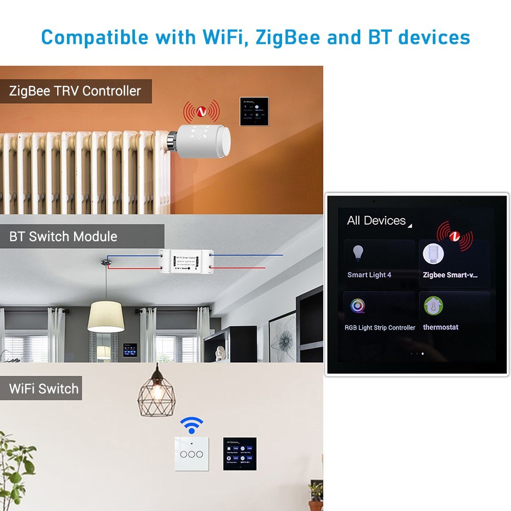 Tuya 4 LCD Smart Home Control Panel: Multi-functional WiFi Wall Switch with ZigBee & BT, App Remote Control, Clock, Weather, Temperature Display