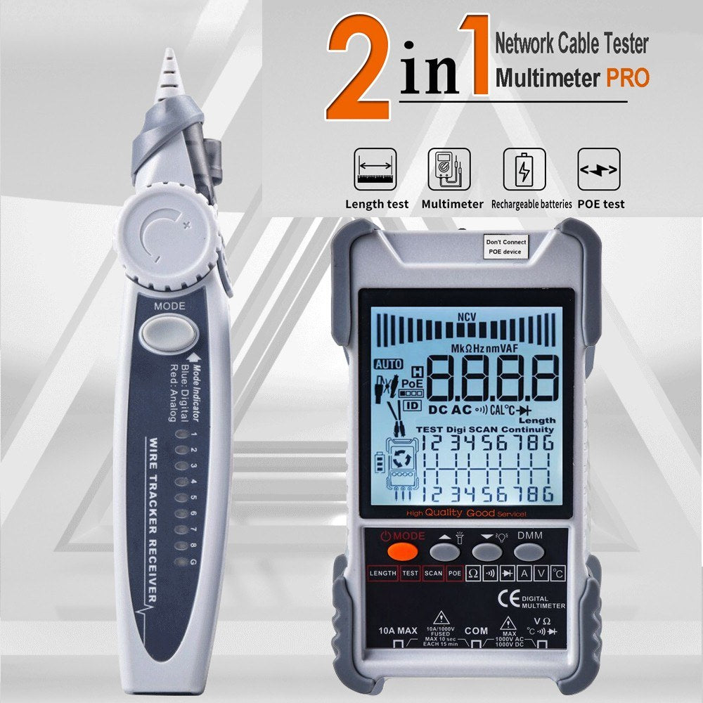 2-in-1 Handheld Network Cable Tester & Multimeter with LCD Backlight Display