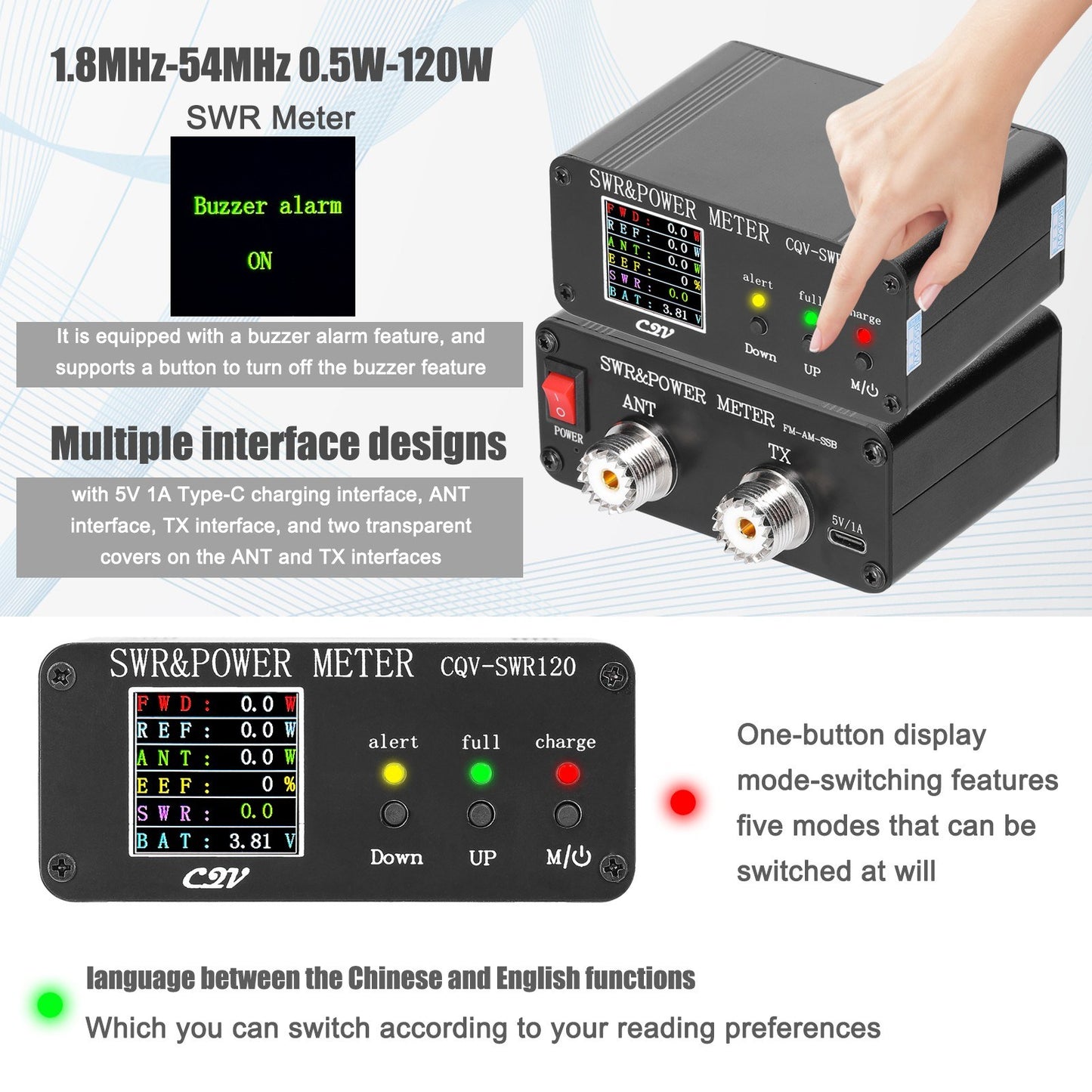 Digital LCD SWR Meter 1.8MHz-54MHz, 240x240 Display, 0.5-120W Power Watt Analyzer