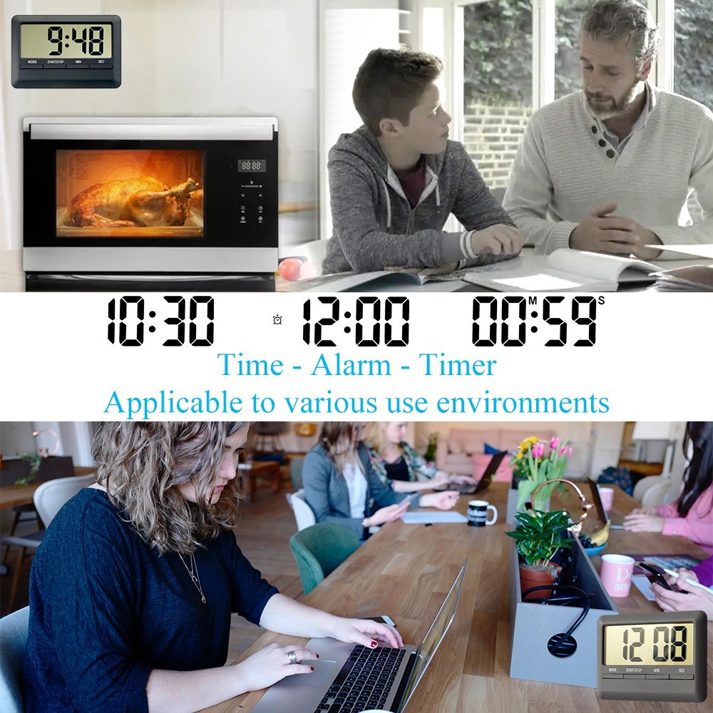 Magnetic LCD Digital Alarm Kitchen Timer Clock - Large Display, Manual Countdown, Stopwatch for Cooking, Shower, Study