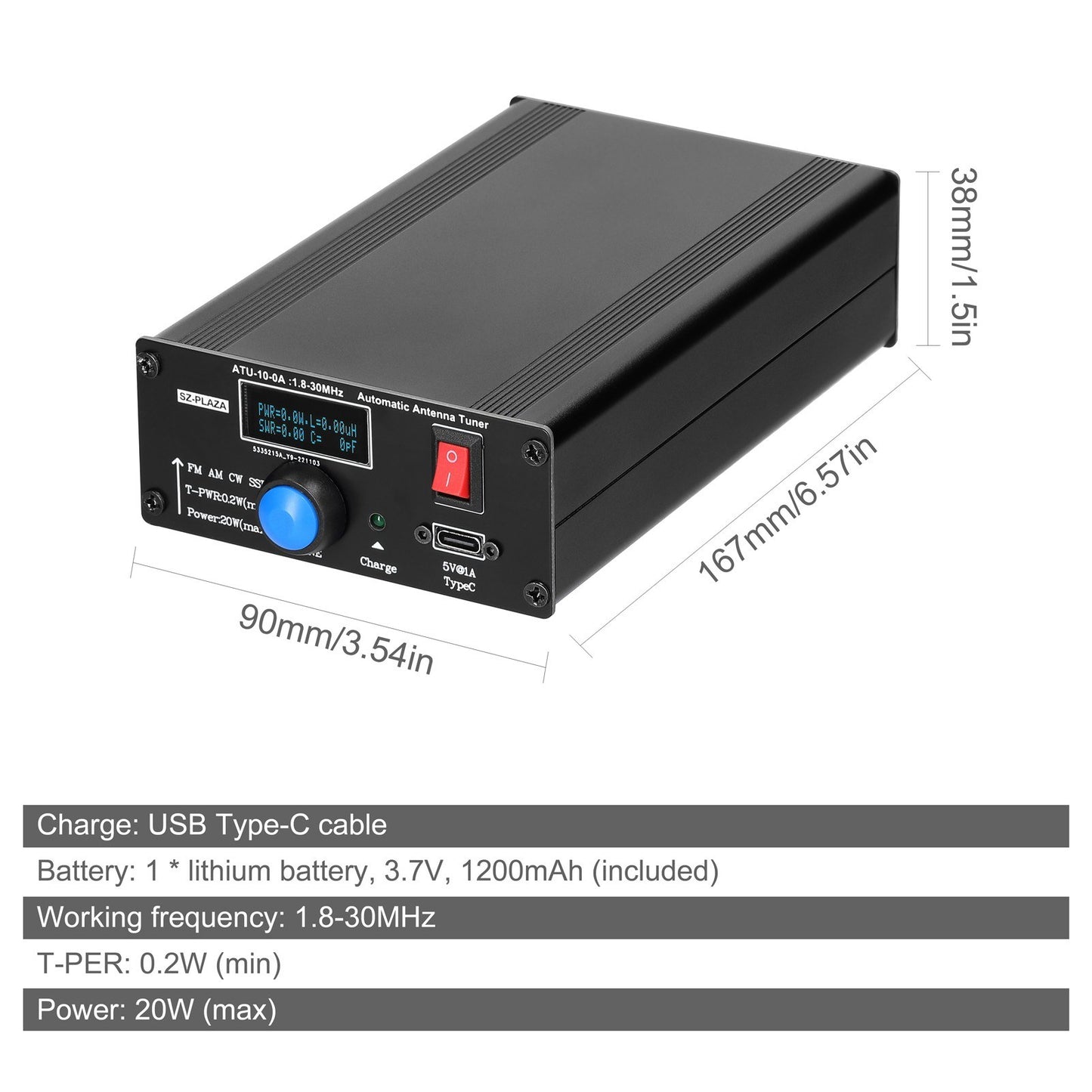 20W Shortwave Automatic Antenna Tuner 1.8-30MHz Aluminum Housing with Power & Standing Wave Meter ATU-10-0A