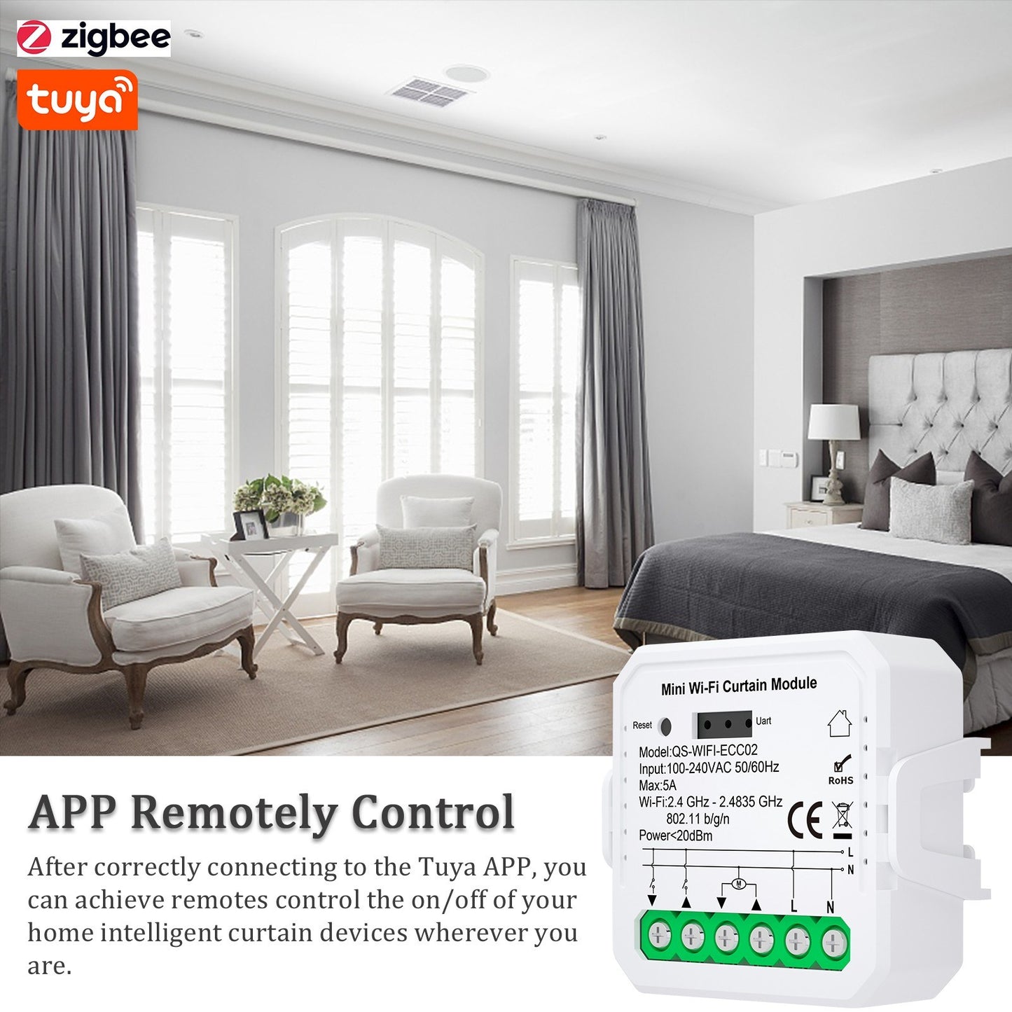 Tuya ZigBee Smart Curtain Module – Remote Control via Mobile App, Alexa & Google Home Compatible, Requires Gateway