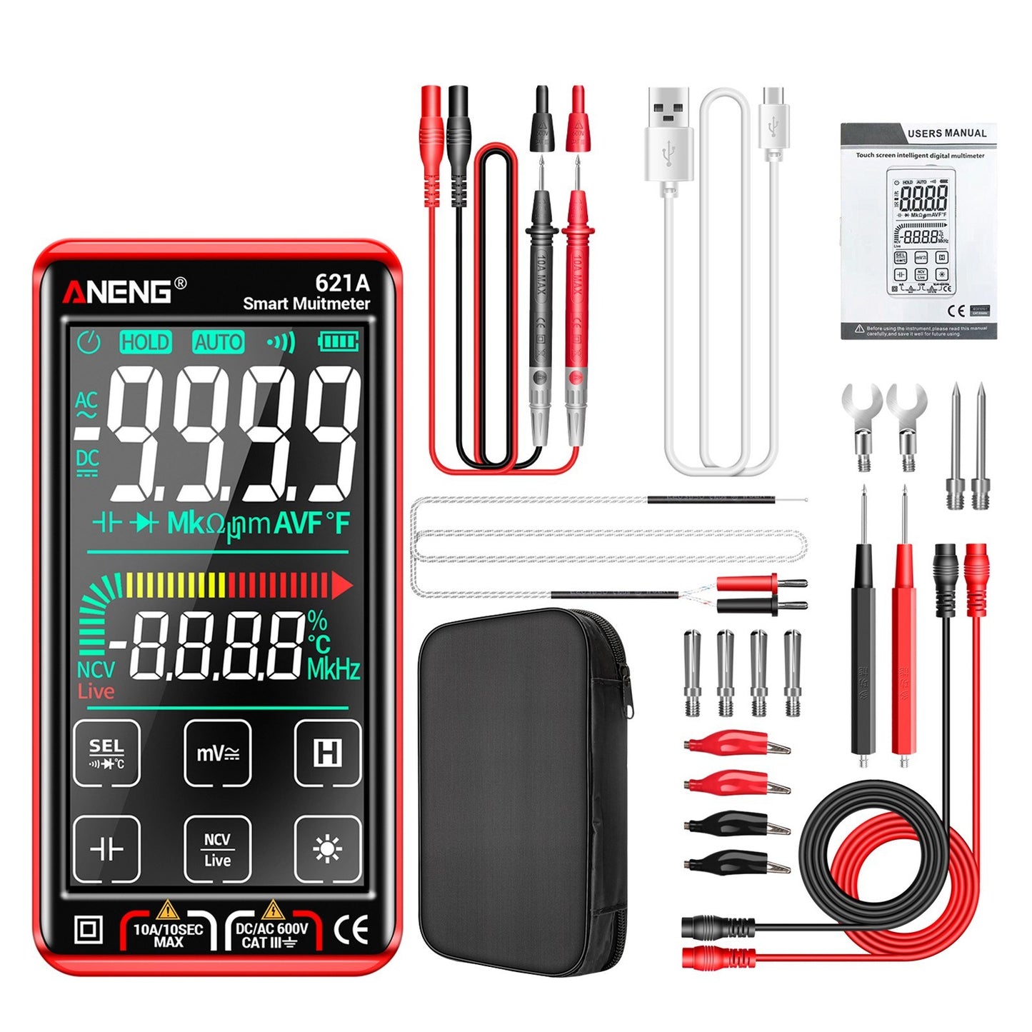 ANENG 621A Touch Screen Digital Multimeter 9999 Counts Auto Range Portable Rechargeable NCV Meter