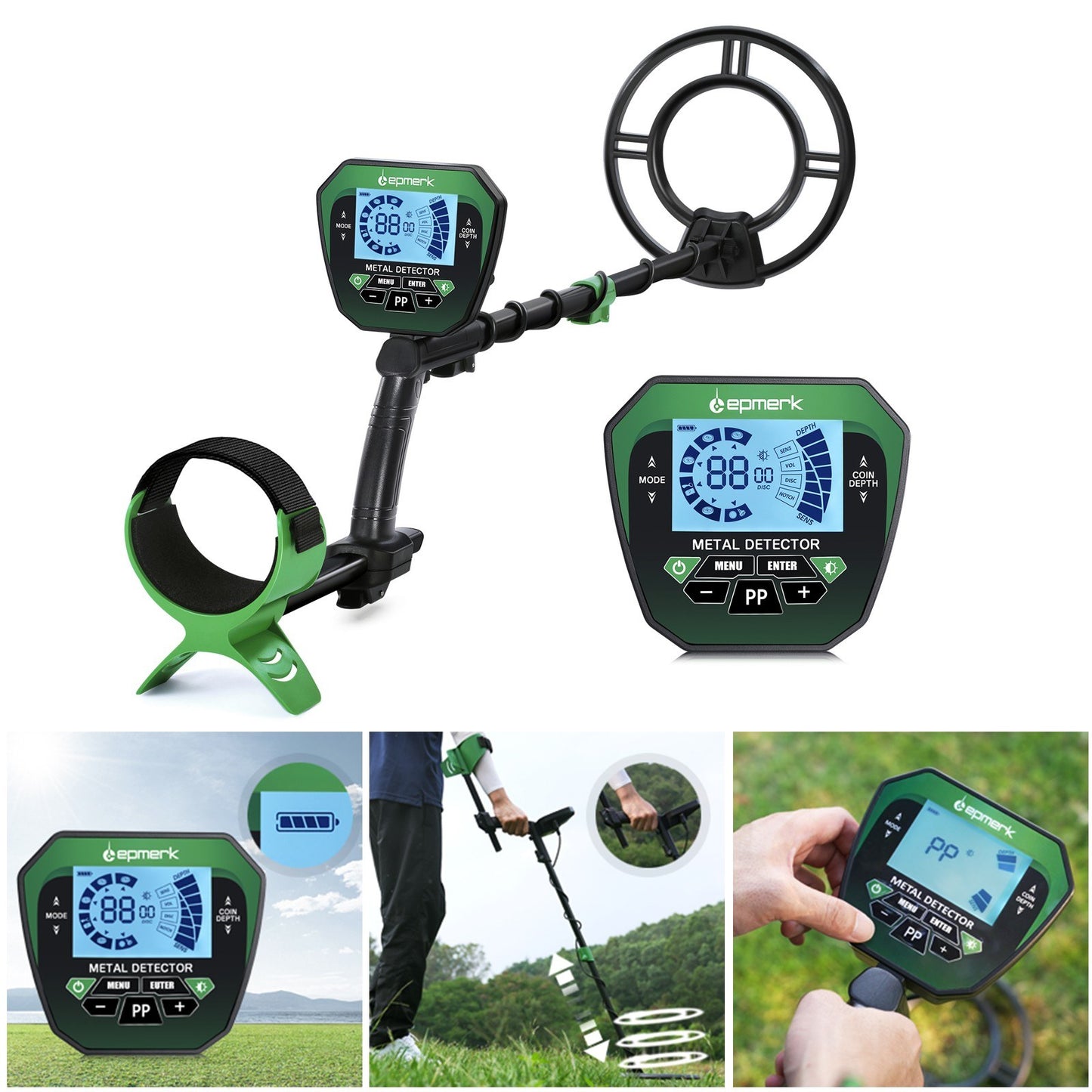 High-Accuracy Metal Detector for Kids & Adults with LCD, Adjustable Stem, 4 Modes, 10 Search Coil - Ideal for Gold, Silver, Coin and Treasure Hunting - Green