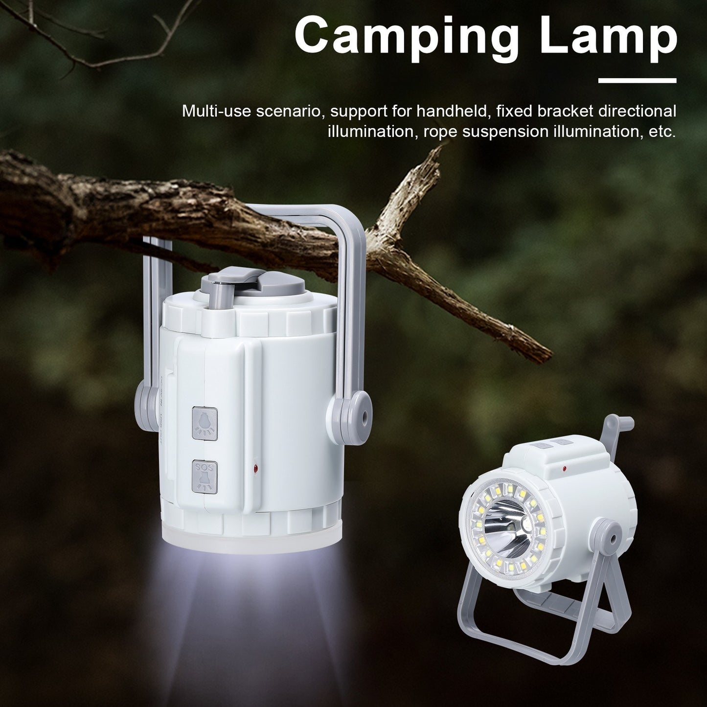 3-in-1 Portable Camping Lamp: Hand Crank Tent Light, Searchlight, SOS Flashlight with Adjustable Three-Color Temperatures