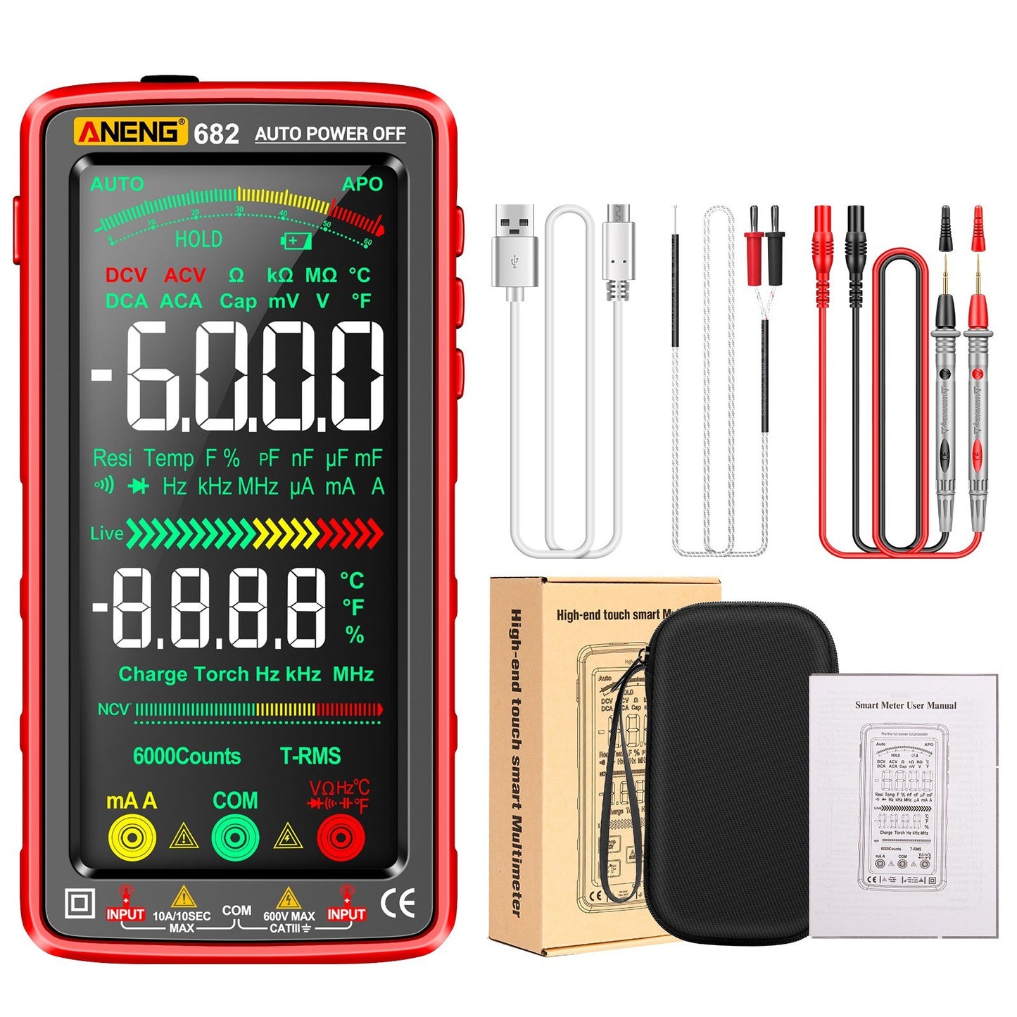 Smart ANENG 682 Digital Multimeter - 6000 Counts, Rechargeable, Anti-Burn, NCV Tester with Flashlight for Voltage, Current, Resistance, Capacitance, Temperature, Frequency, and Diode Measurement