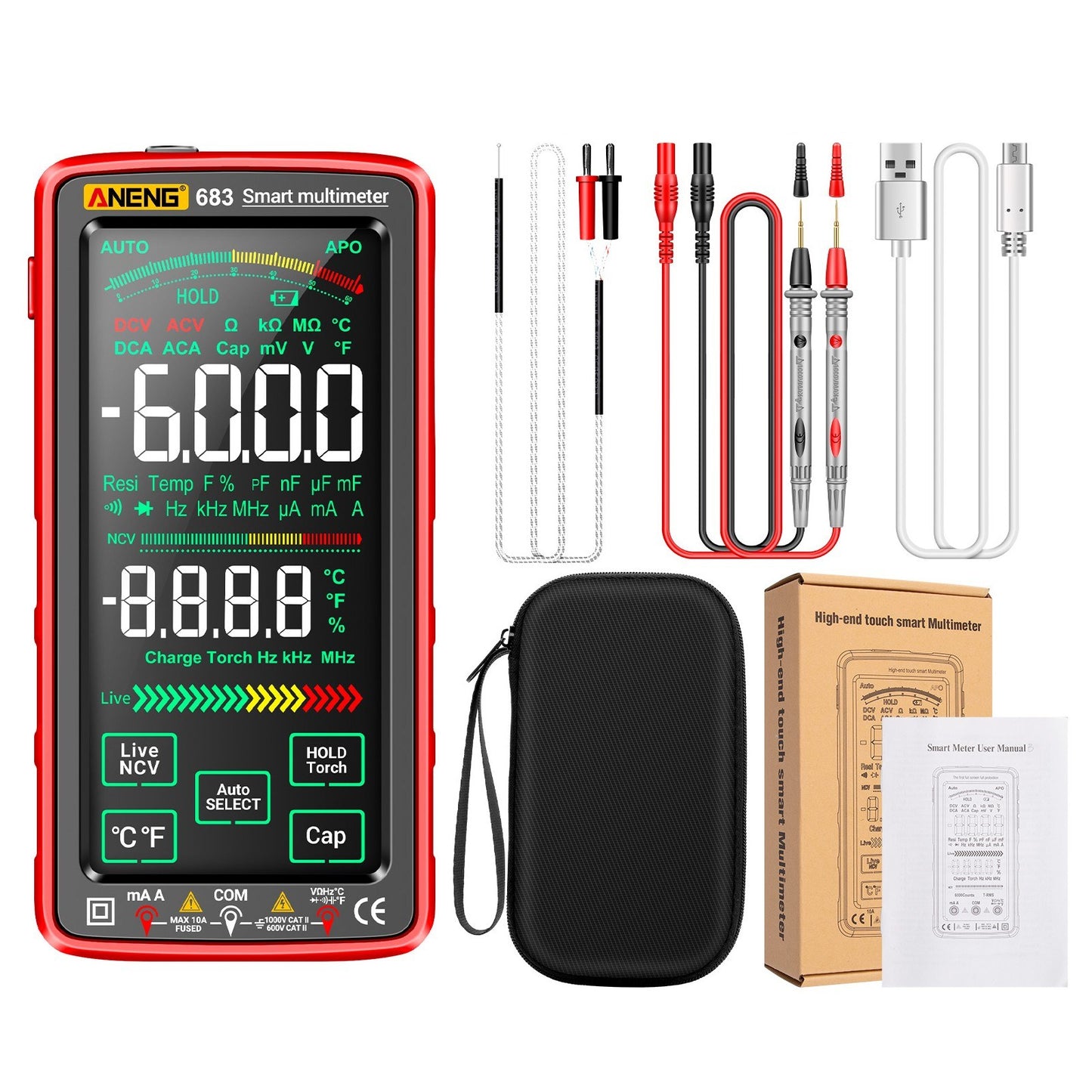 ANENG 683 Smart Digital Multimeter, 6000 Counts, Rechargeable Touch Screen, Anti-burn, NCV Tester with VA Reverse Display