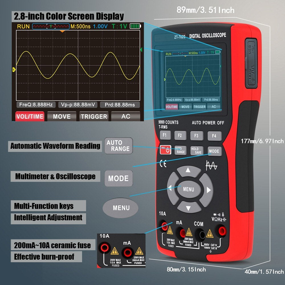 2-in-1 Digital Oscilloscope Multimeter, 2.8 IPS Display, 48MSa/s, 10MHz, True RMS, 9999 Counts