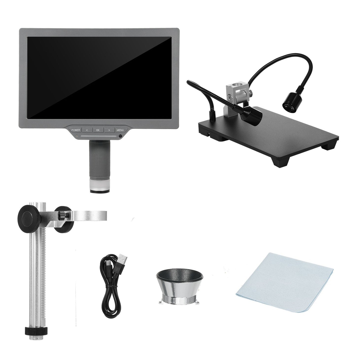 10.1 IPS Digital Microscope for Electronic Repair with TV Output, IR Remote, USB Cable, Base & Metal Bracket