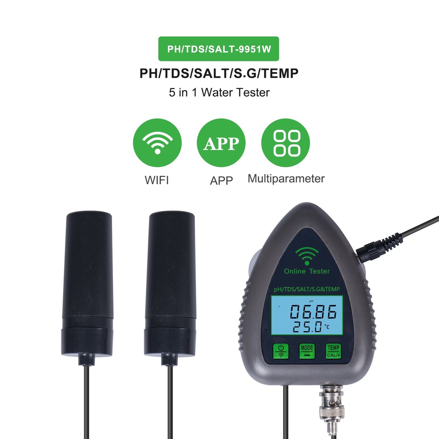 Tuya WiFi 5-in-1 Water Quality Monitor: PH, TDS, S.G, Salinity, Temperature Tester for Aquarium, Aquaculture, Pool, Drinking Water