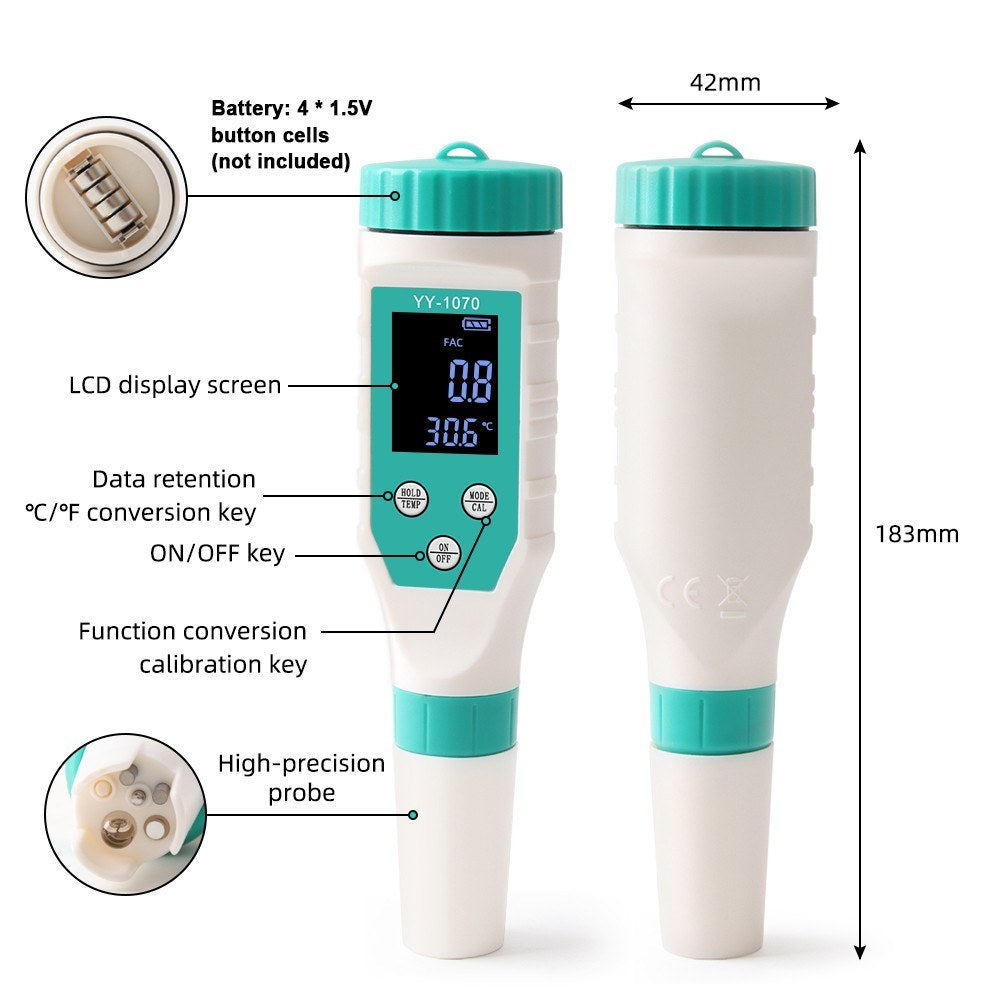 7-in-1 Water Quality Tester: Chlorine, pH, TDS, Salt, ORP, FAC, EC, Temperature for Drinking Water, Aquarium, Pool