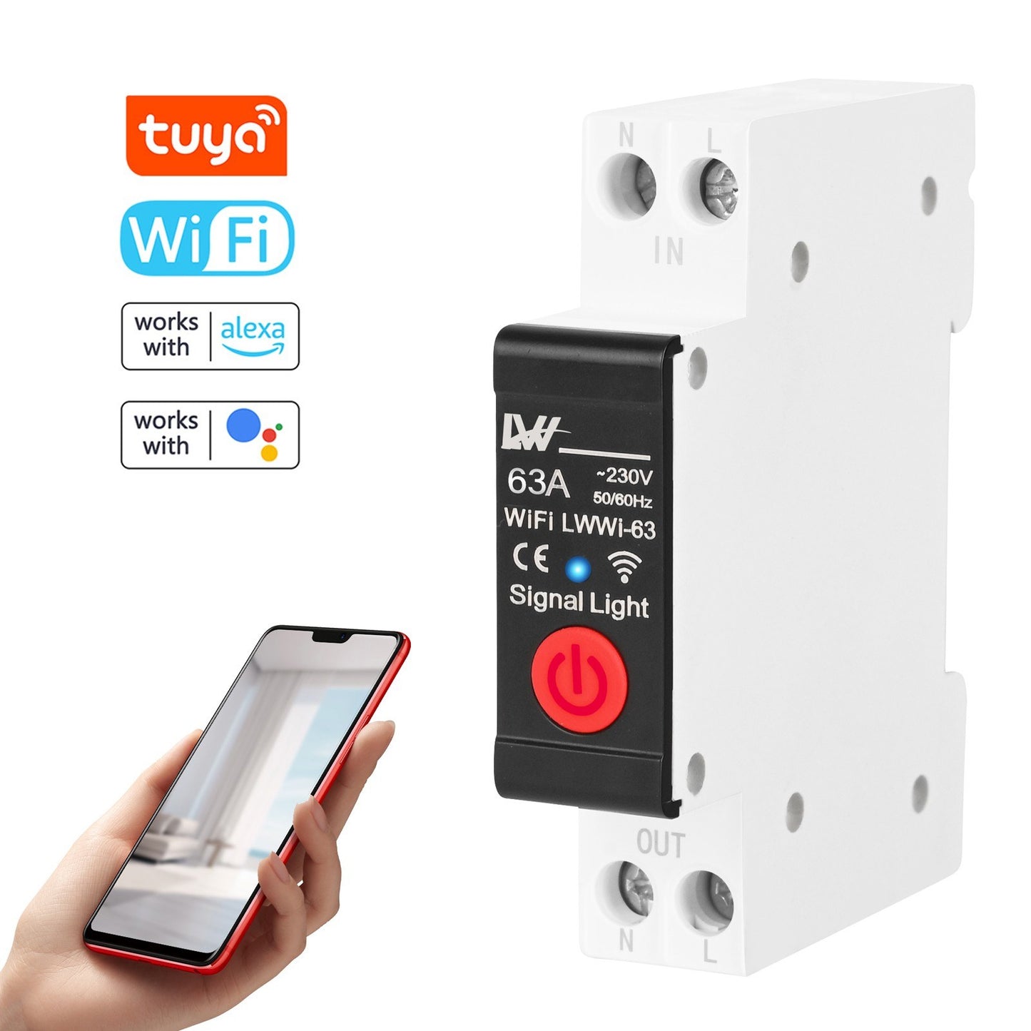 WiFi Smart Circuit Breaker with Energy Monitoring, Tuya App Remote Control, Alexa & Google Assistant Compatible, 16A