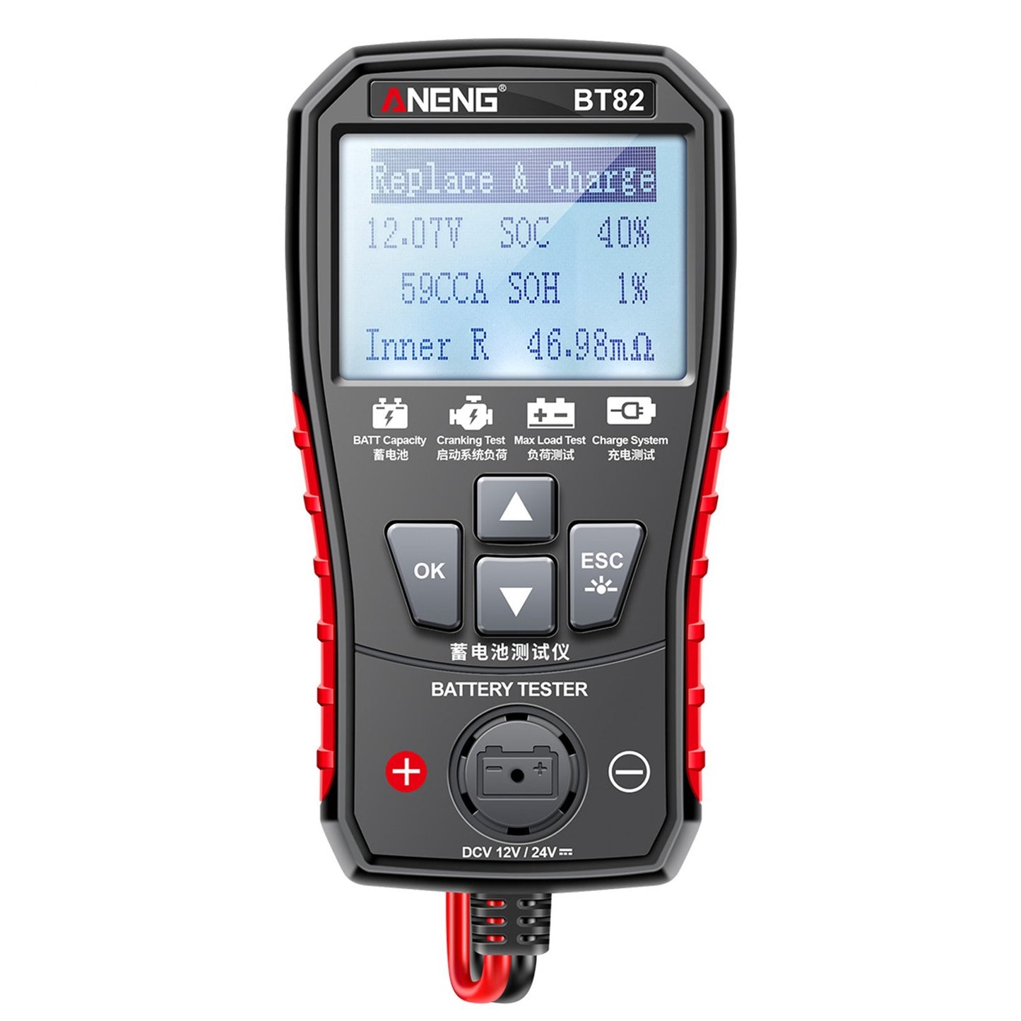 ANENG BT82 Car Battery Analyzer 12V/24V, Portable Digital Tester for Start, Load, and Charging Systems, Clear LCD Display, Auto/Motorcycle Fault Detector