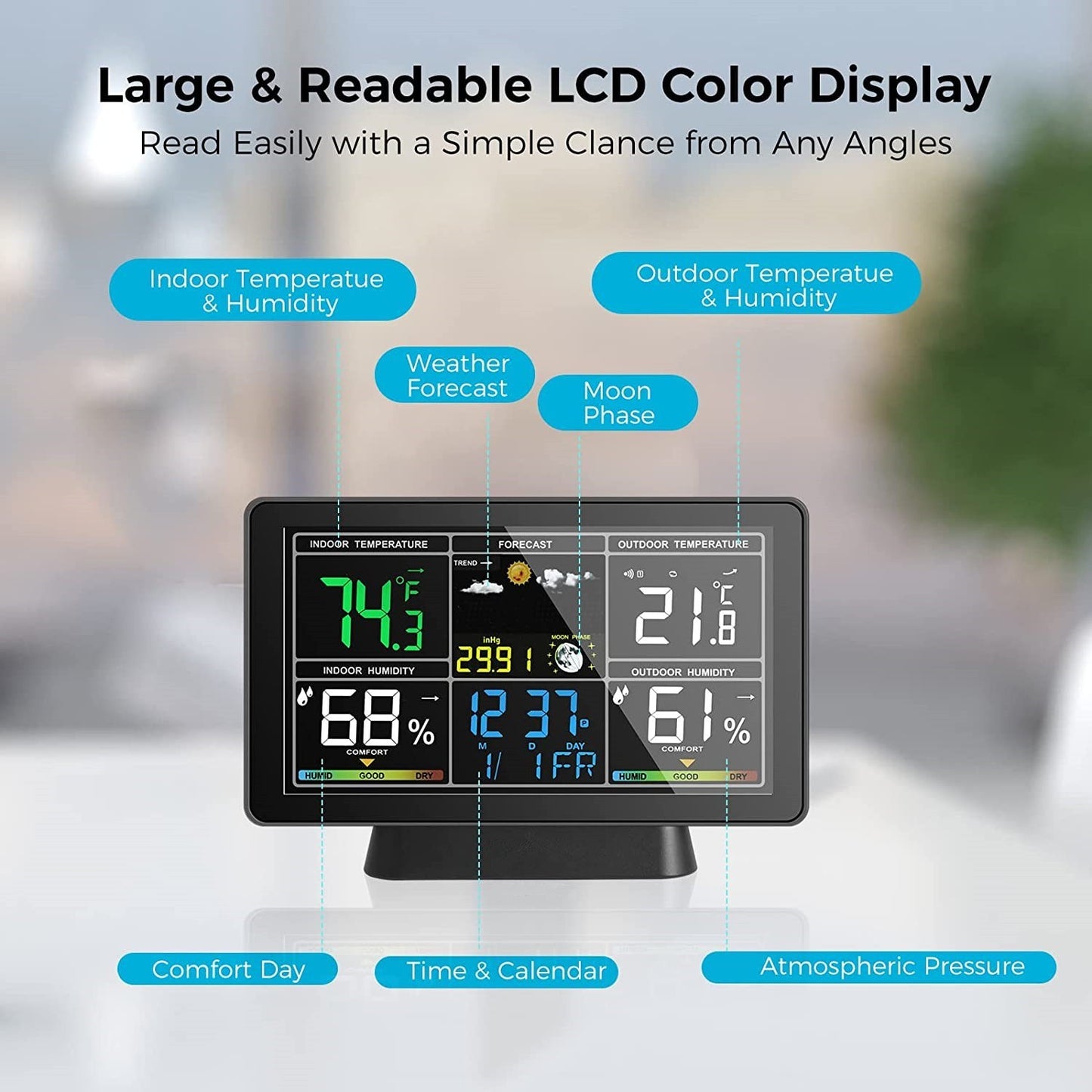 Smart Weather Station with Color Screen: Temperature & Humidity Meter, Moon Phase & Atmospheric Pressure Display, Radio Time Calibration (WWVB DCF MSF, DST Function)