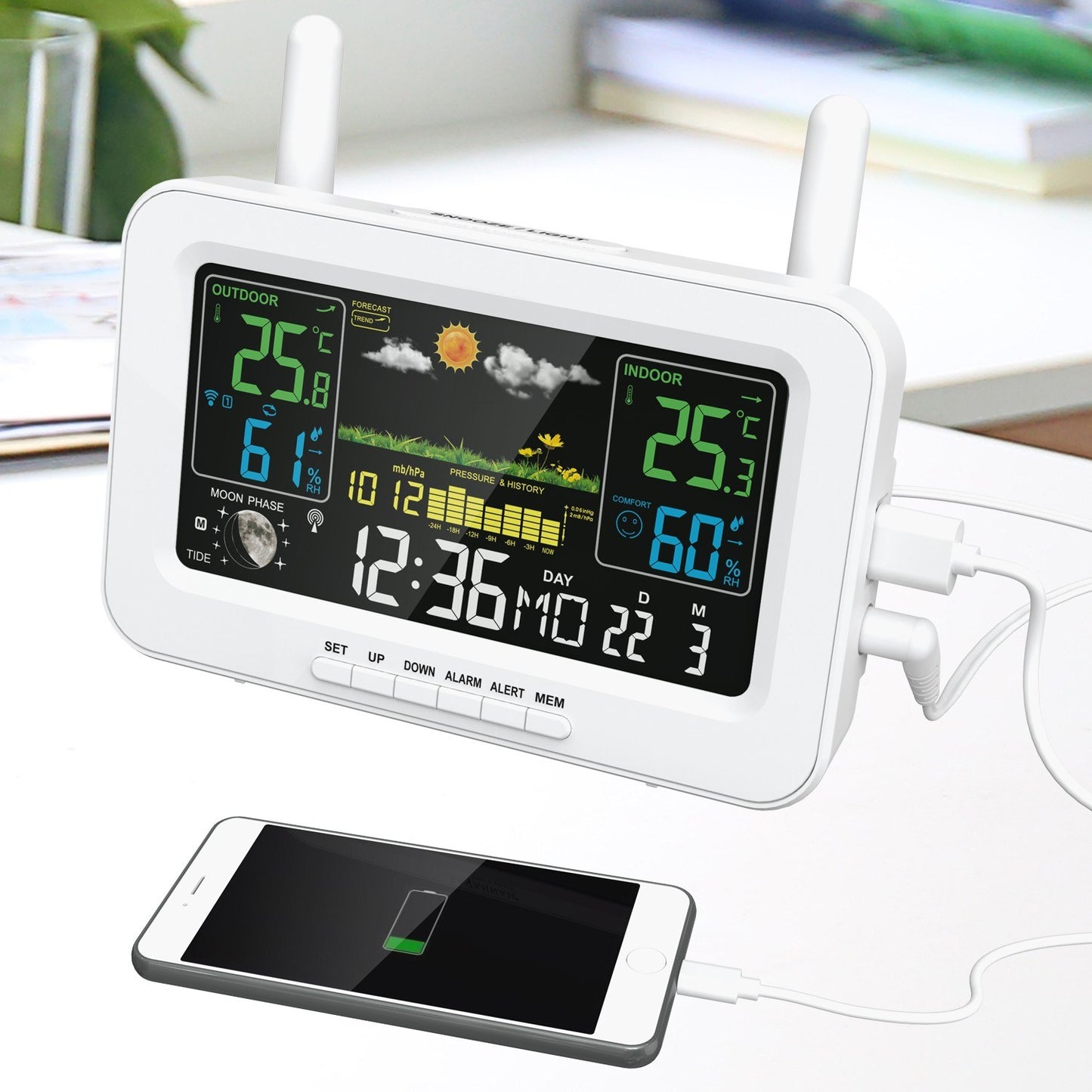 Smart Weather Station with Color Display, USB Output, Temperature & Humidity Meter, Weather Clock (WWVB DCF MSF, DST Function)