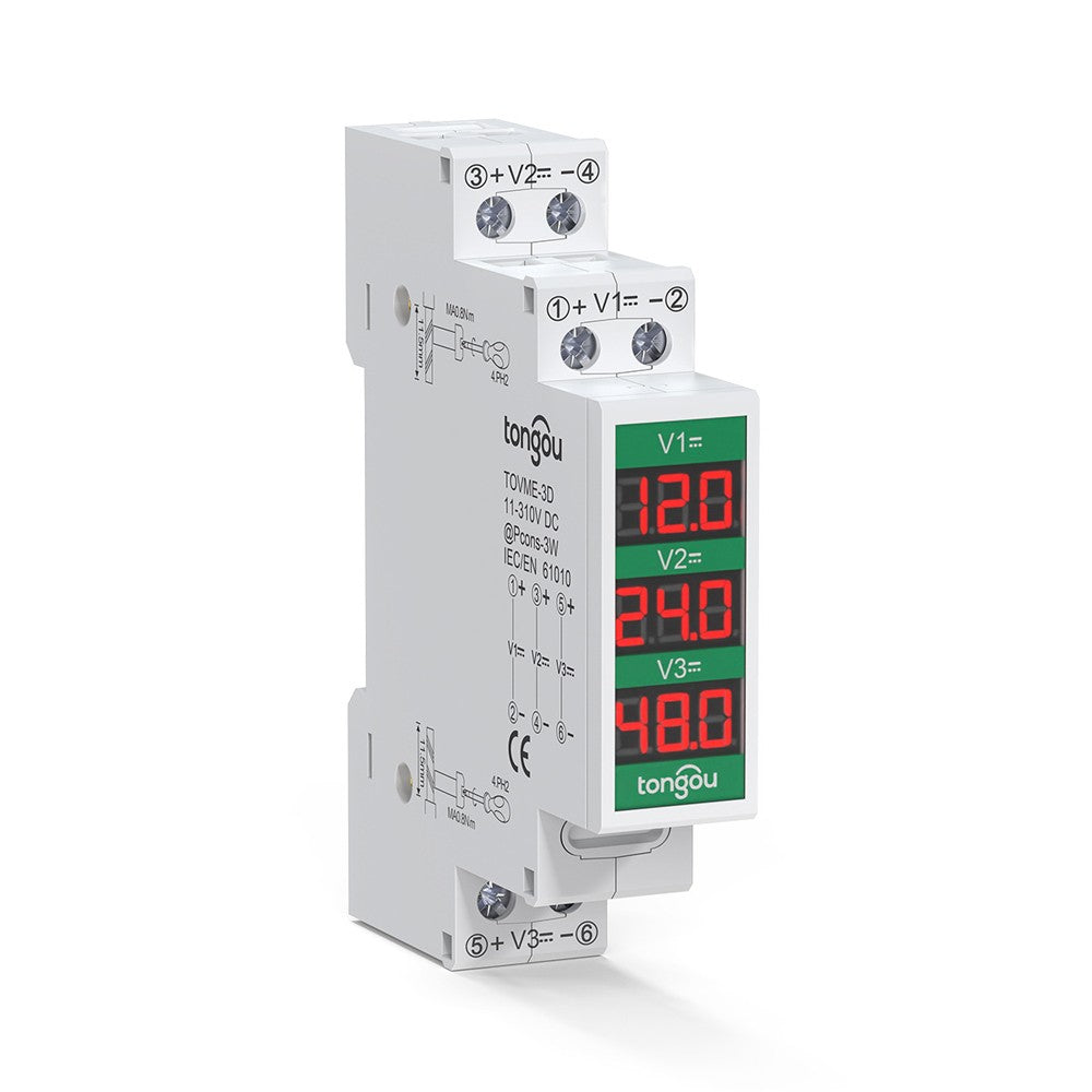 Intelligent LED DC Voltmeter 11-310V, Compact Rail Mount Voltage Detector