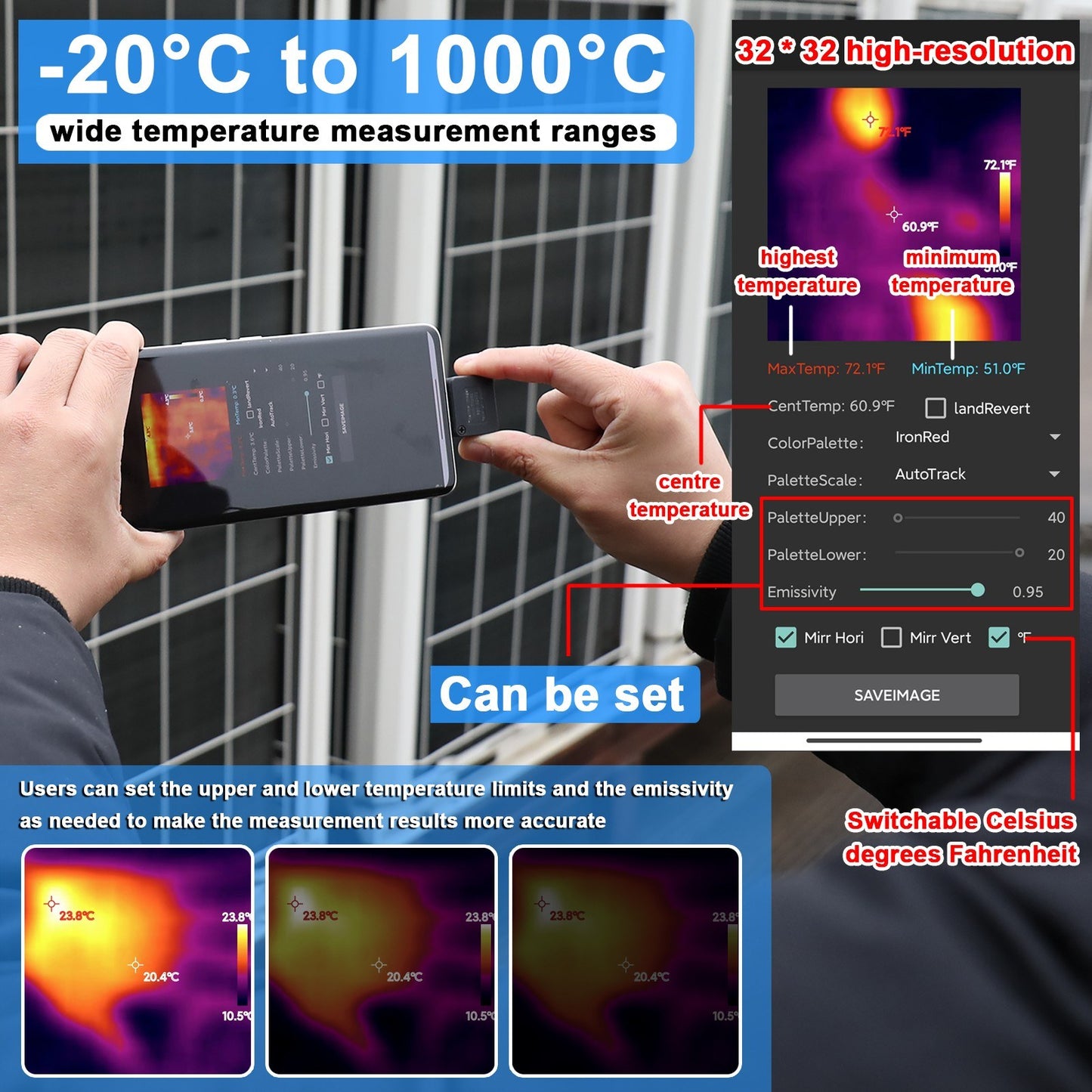 Compact Mobile Phone Thermal Imager: -20℃ to 1000℃ Range, 5 Color Palettes, Max/Min/Center Temp Measurement