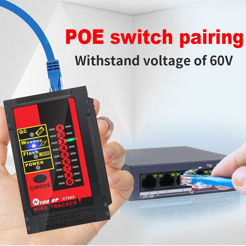 ET605 Cable Tester with POE, Polarity Check, 60V Withstand Voltage, Low Battery Indicator, Auto Power Off