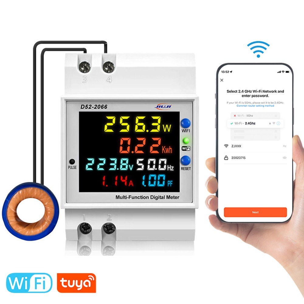 Smart WiFi Digital Electricity Meter with Power Failure Memory, DIN-Rail Mount