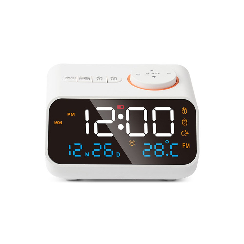 Rechargeable LED Digital Alarm Clock with FM Radio, Temperature & Humidity Display, Sound-Activated, Adjustable Brightness/Volume, Snooze Function