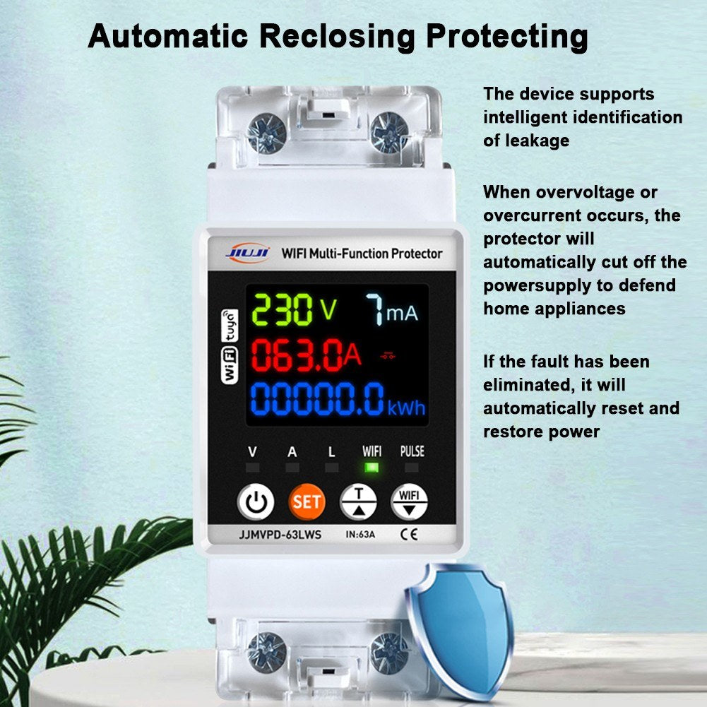 Tuya WiFi Smart Circuit Breaker with Digital Display & Kilowatt-hour Meter – Adjustable Voltage, Current, and Leakage Protection