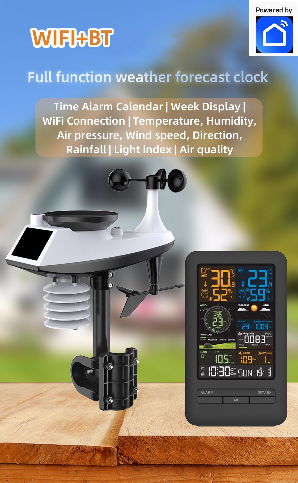Digital Color Display Weather Station: Indoor Outdoor Thermometer with Rainfall, Wind Speed & Direction