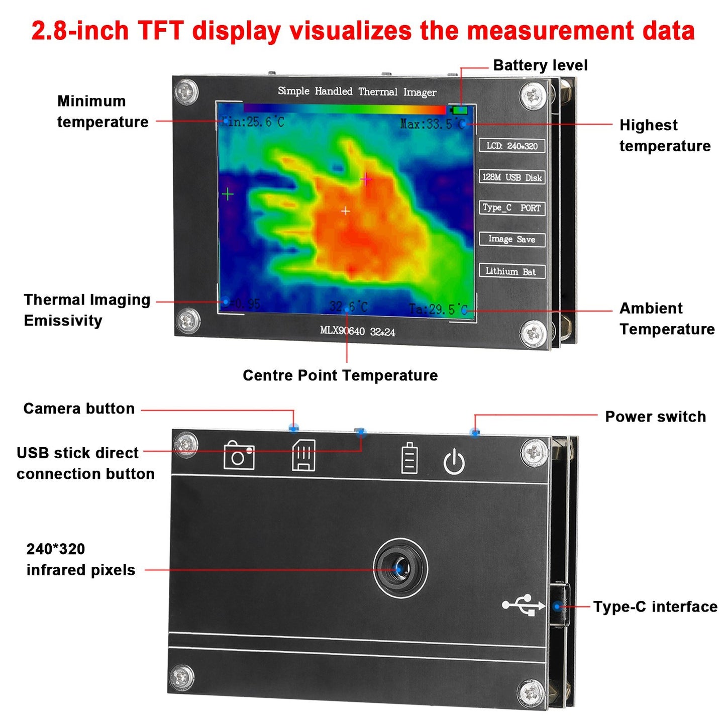 Compact Thermal Camera: -40℃ to 300℃, Temp Measurement & Image Saving, 2.8 TFT, Type-C