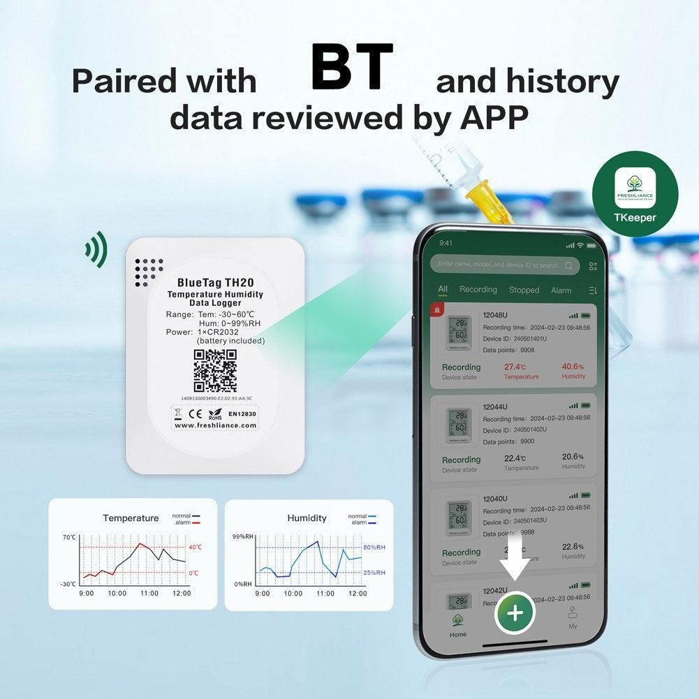 Bluetooth Temperature & Humidity Recorder for Cold Storage & Transport - Mobile App Control, Large Capacity, Auto PDF/CSV Data Export