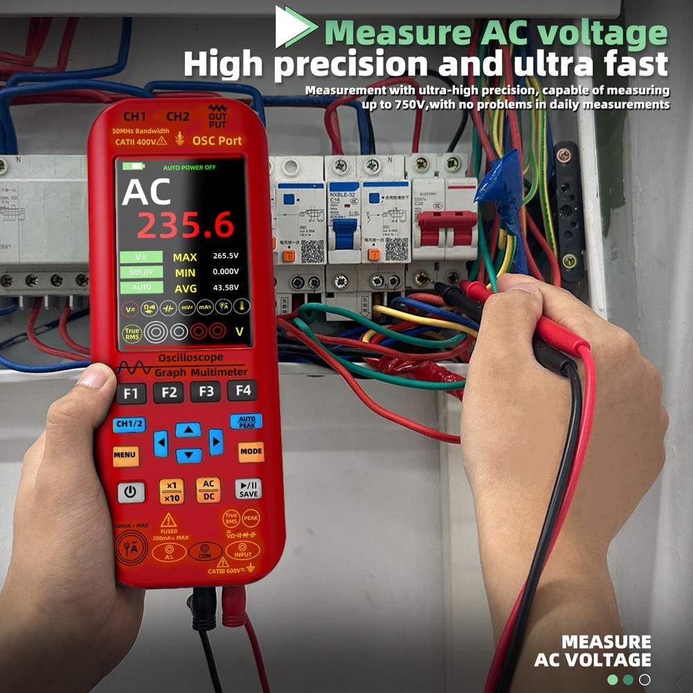 3-in-1 Handheld Oscilloscope Multimeter with Signal Source, 3.98-inch TFT Display, 50MHz Bandwidth, 250MSa/s Sampling Rate, Dual Channel, Waveform Save & View Function for DIY & Electronics Testing