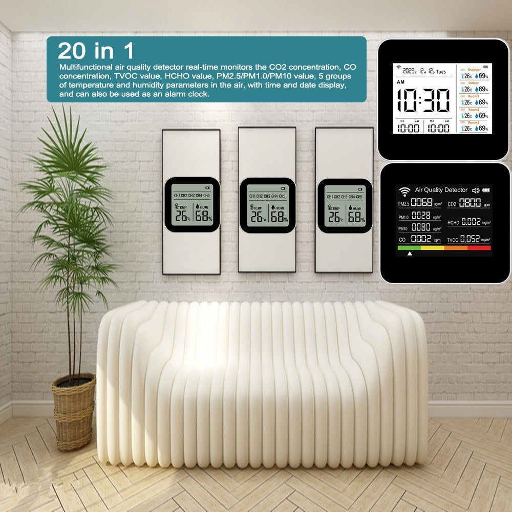 Tuya Smart WiFi Air Quality Monitor - 20 in 1 Indoor Detector for CO2, CO, TVOC, HCHO, PM2.5, PM1.0, PM10, Temperature, Humidity, with Alarm & App Control for Home/Office (Includes 3 Subunits)