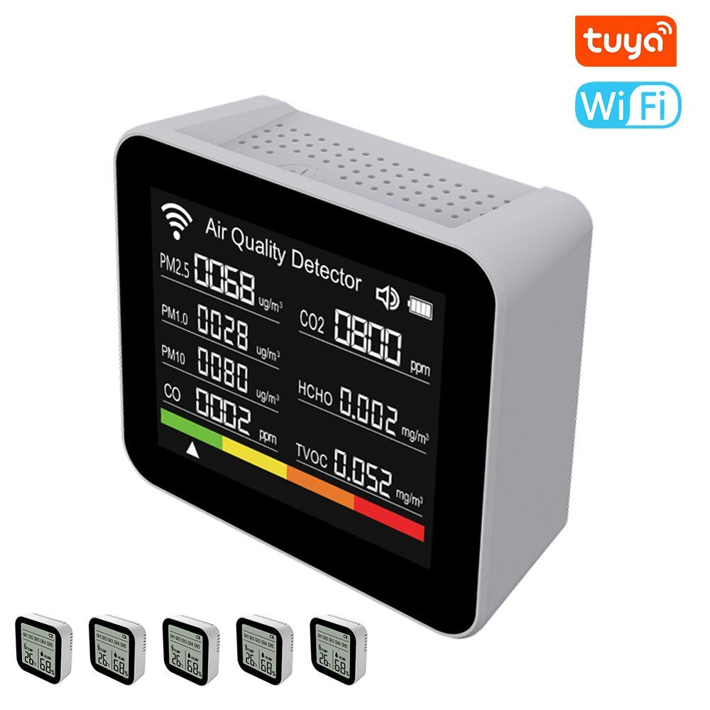 Tuya Smart WiFi Air Quality Monitor - 20 in 1 Indoor Detector for CO2, CO, TVOC, HCHO, PM2.5, PM1.0, PM10, Temperature, Humidity, with Alarm & App Control for Home/Office (Includes 3 Subunits)