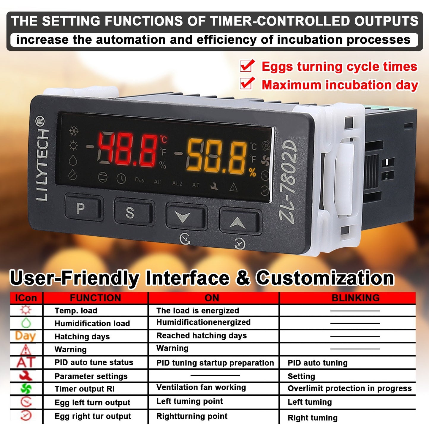 Automatic Egg Incubator with Digital Temperature and Humidity Controller - ZL-7802D PID Thermostat