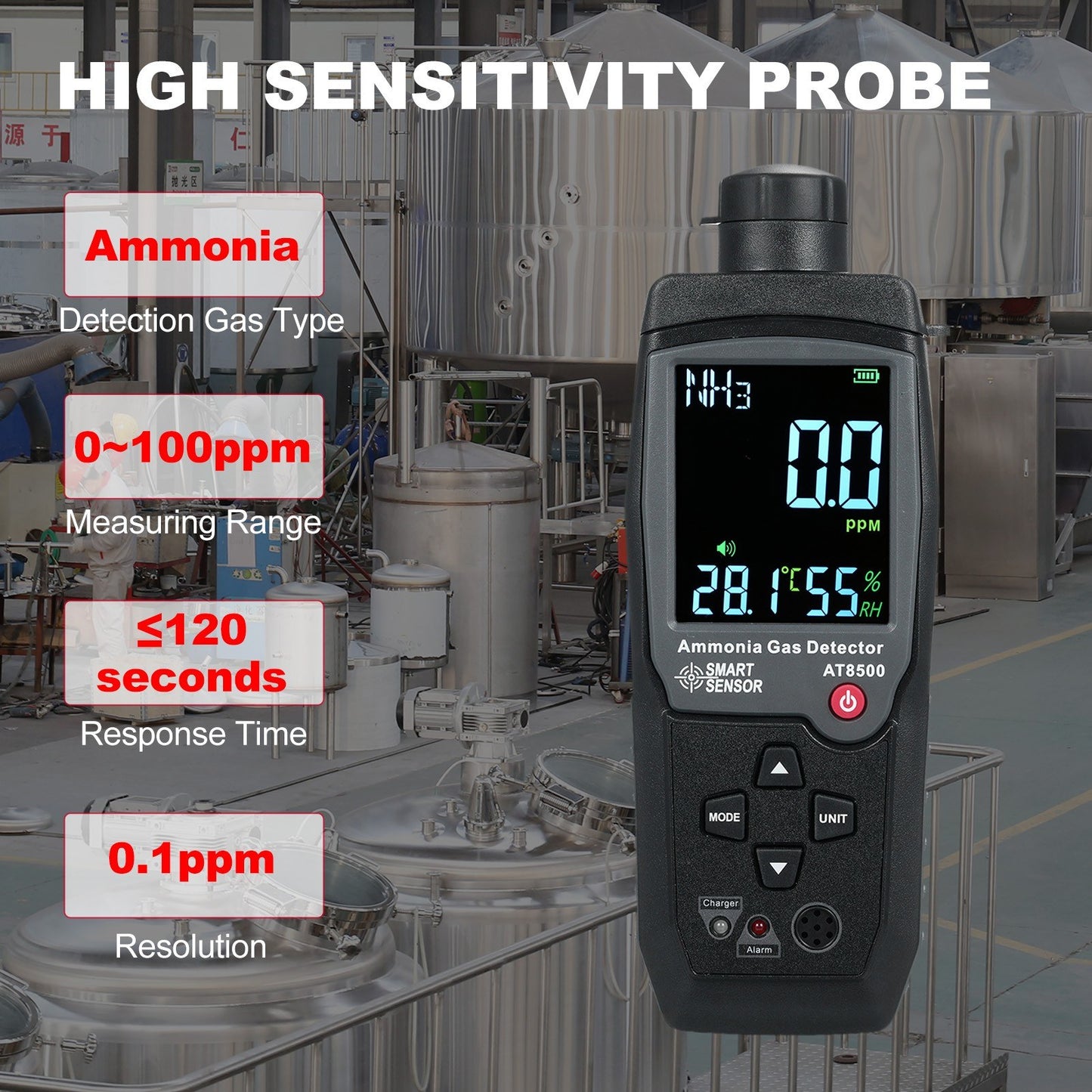 Ammonia Gas Detector NH3 Tester 0-100PPM with Large LCD Display - SMART SENSOR Handheld Digital Meter