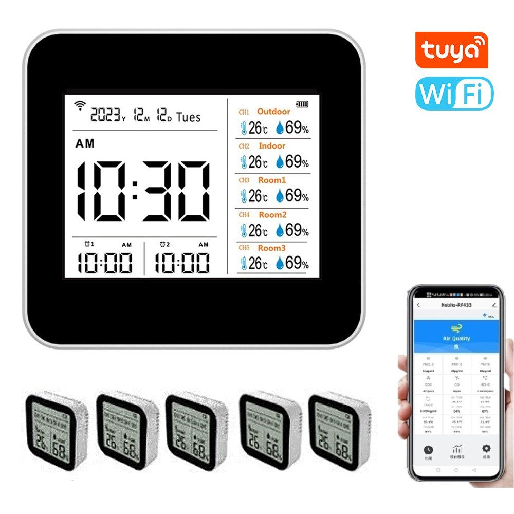 13-in-1 Tuya WiFi Smart Thermometer Hygrometer - Indoor Temperature & Humidity Monitor with Time/Calendar/Alarm, Remote App Control for Home/Office