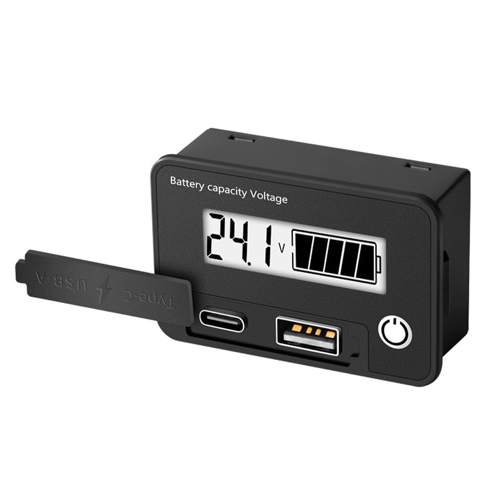 Digital Voltage Meter 8-30VDC, Dual Output USB-C & USB-A, Battery Tester with Alarm & Memory