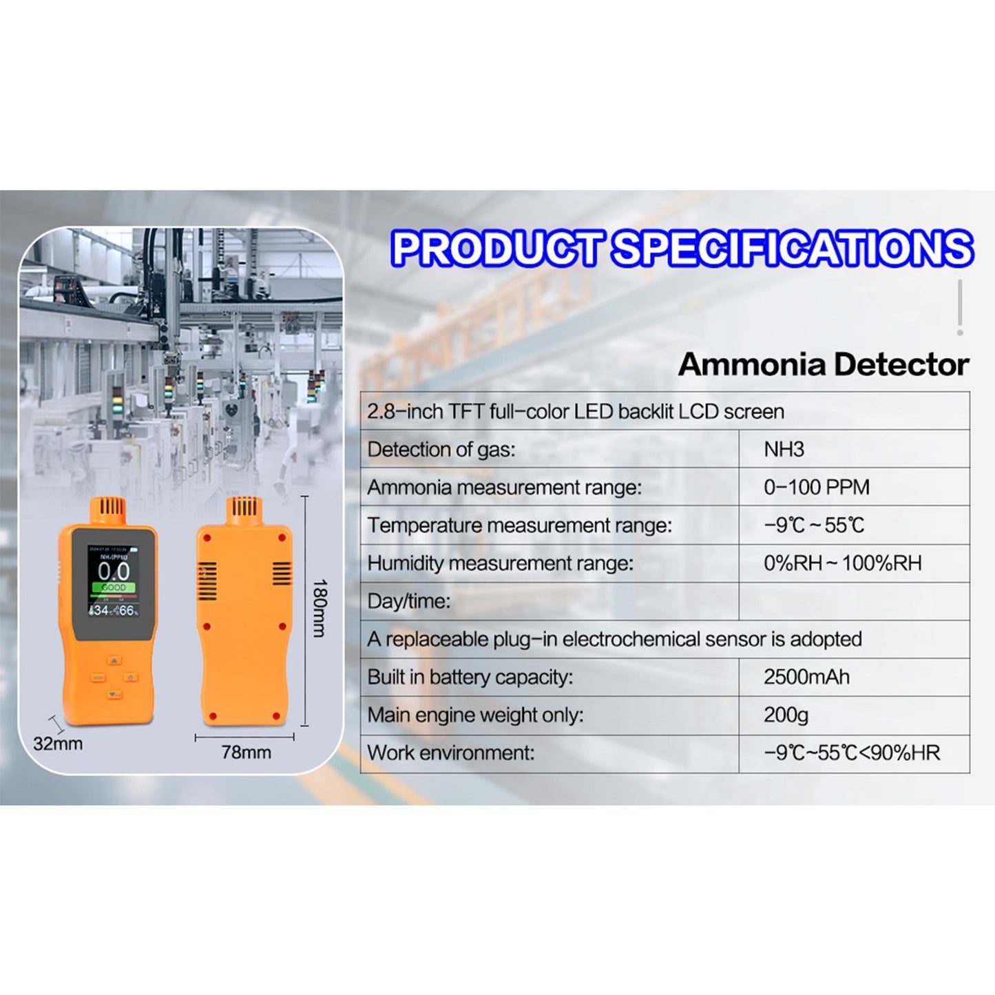 Digital Handheld Ammonia Gas Detector (0-100 PPM) with LCD Display - Temperature & Humidity Monitor for Poultry Farms