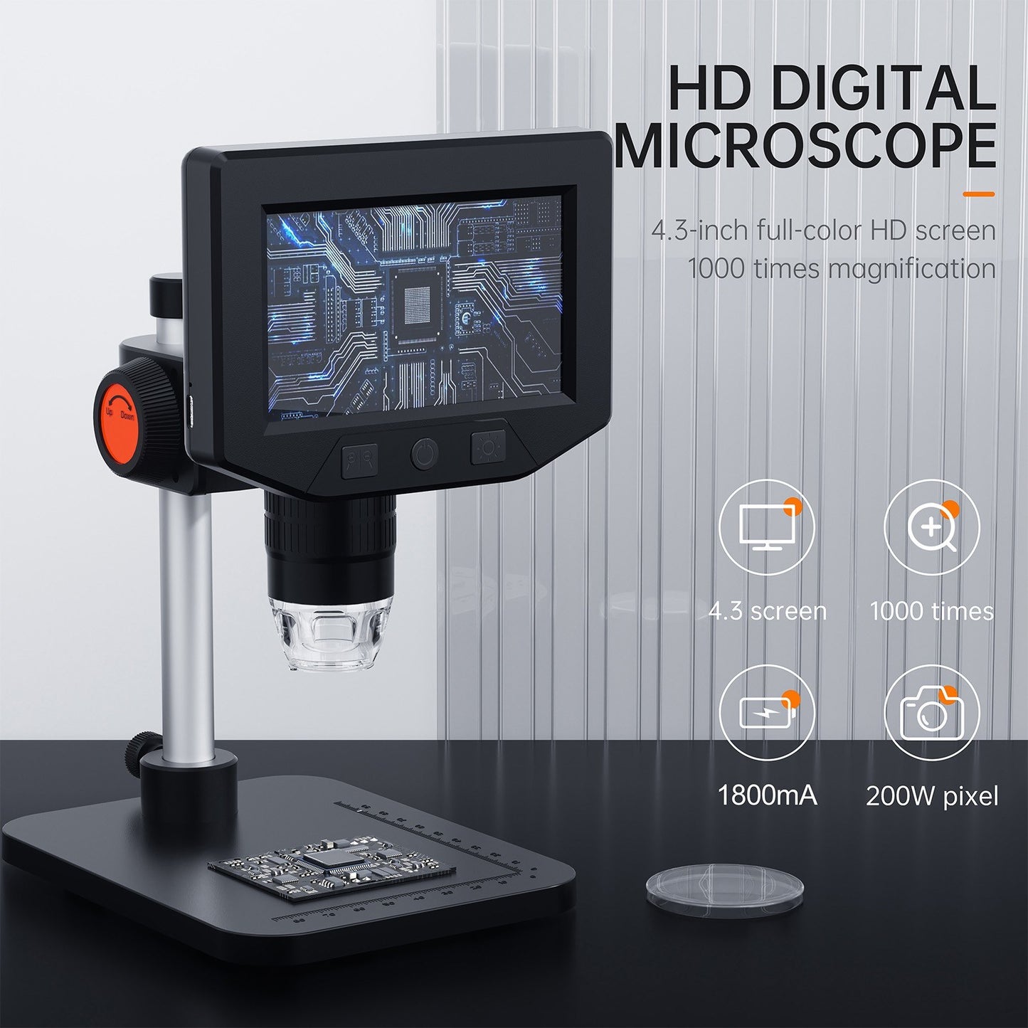 1080P 4.3-Inch HD Digital Microscope Camera, 1X-1000X Portable for PCB Electronics Repair with 8 LED Lights