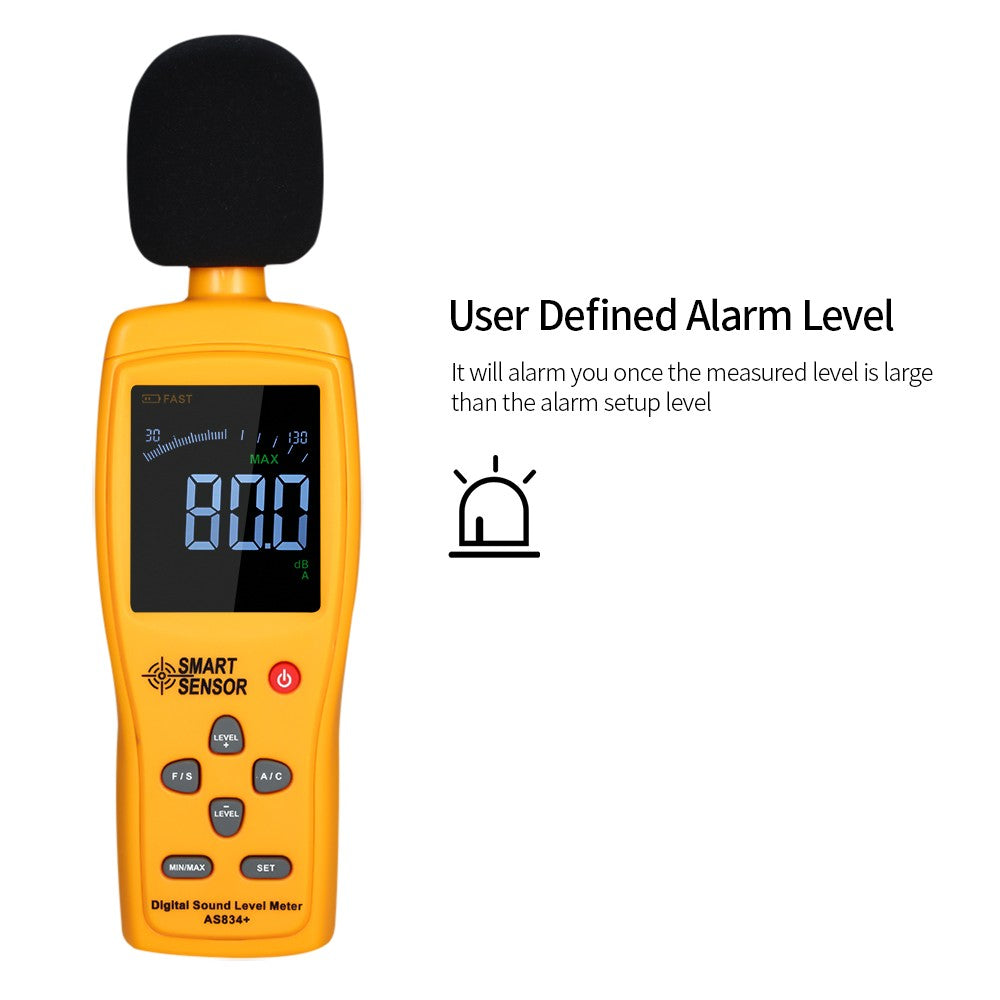 AS834+ Digital Sound Level Meter, 30-130dB Decibel Monitoring Tester with LCD Display