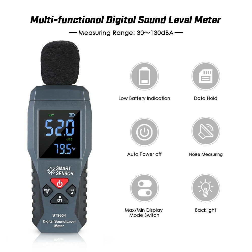 Mini Digital Sound Level Meter - SMART SENSOR ST9604, LCD Display, 30-130dBA Noise Measuring Instrument