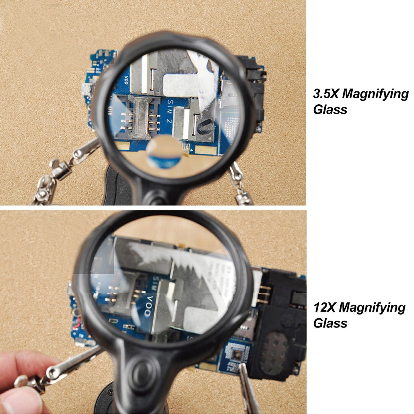 Adjustable 3.5X-12X Desktop LED Magnifier Stand with Alligator Clips for Repair, Reading, Crafts, and Sewing
