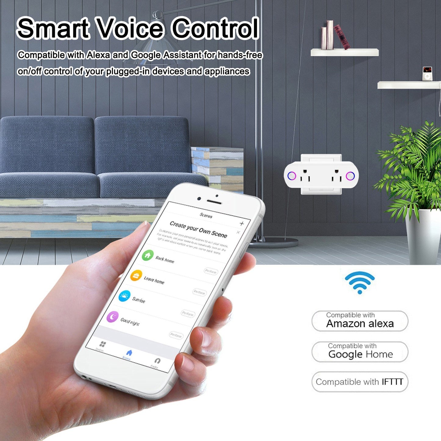 2-in-1 Smart WiFi Plug Socket, 15A Dual Outlet, APP & Voice Control, Timer Switch, Overload Protection, Compatible with Alexa, Google Home, IFTTT