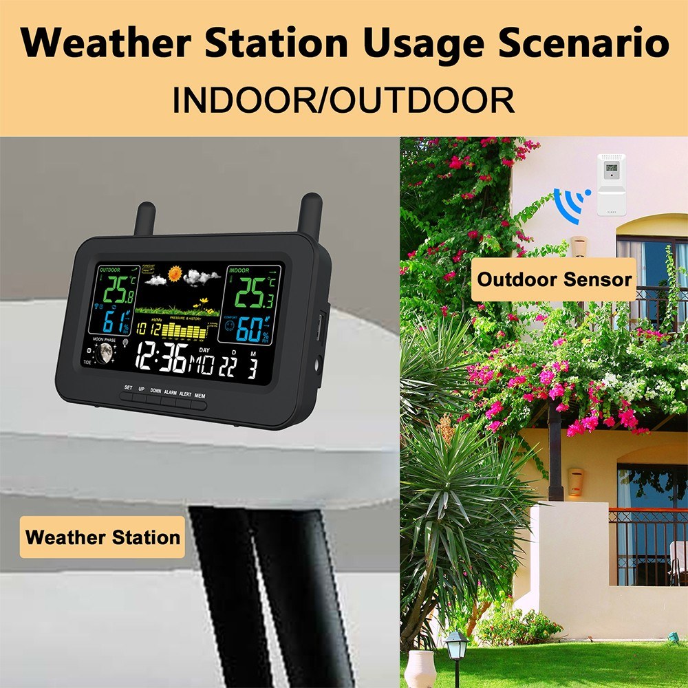 Wireless Weather Station with LCD Color Display: Indoor Outdoor Thermometer, Humidity Monitor, Forecast, Air Pressure, Clock, Adjustable Backlight, Alarm Alert, Outdoor Sensor