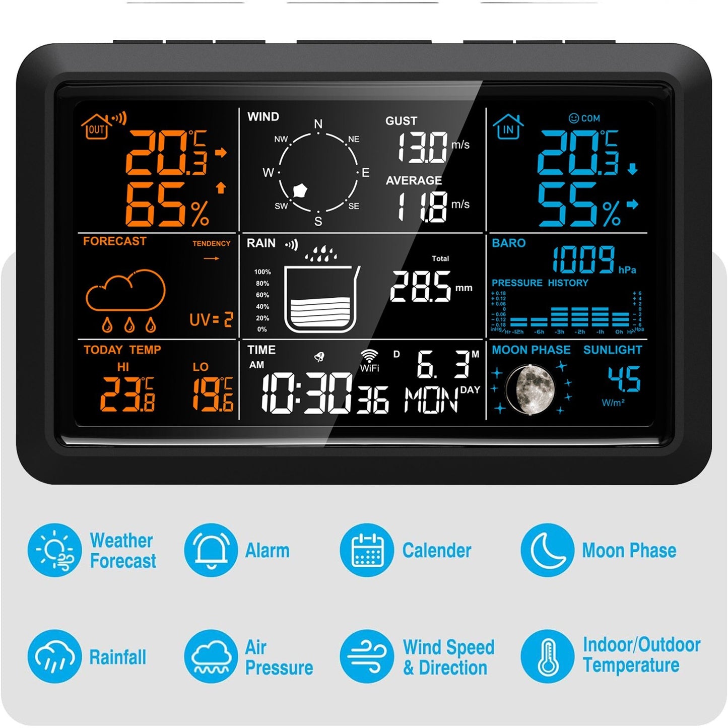 5-in-1 Wireless Weather Station: Digital Indoor Outdoor Forecast with Rain & Wind Gauge, Humidity, Moon Phase, Sunlight, Temperature, Solar-Powered Sensor for Home
