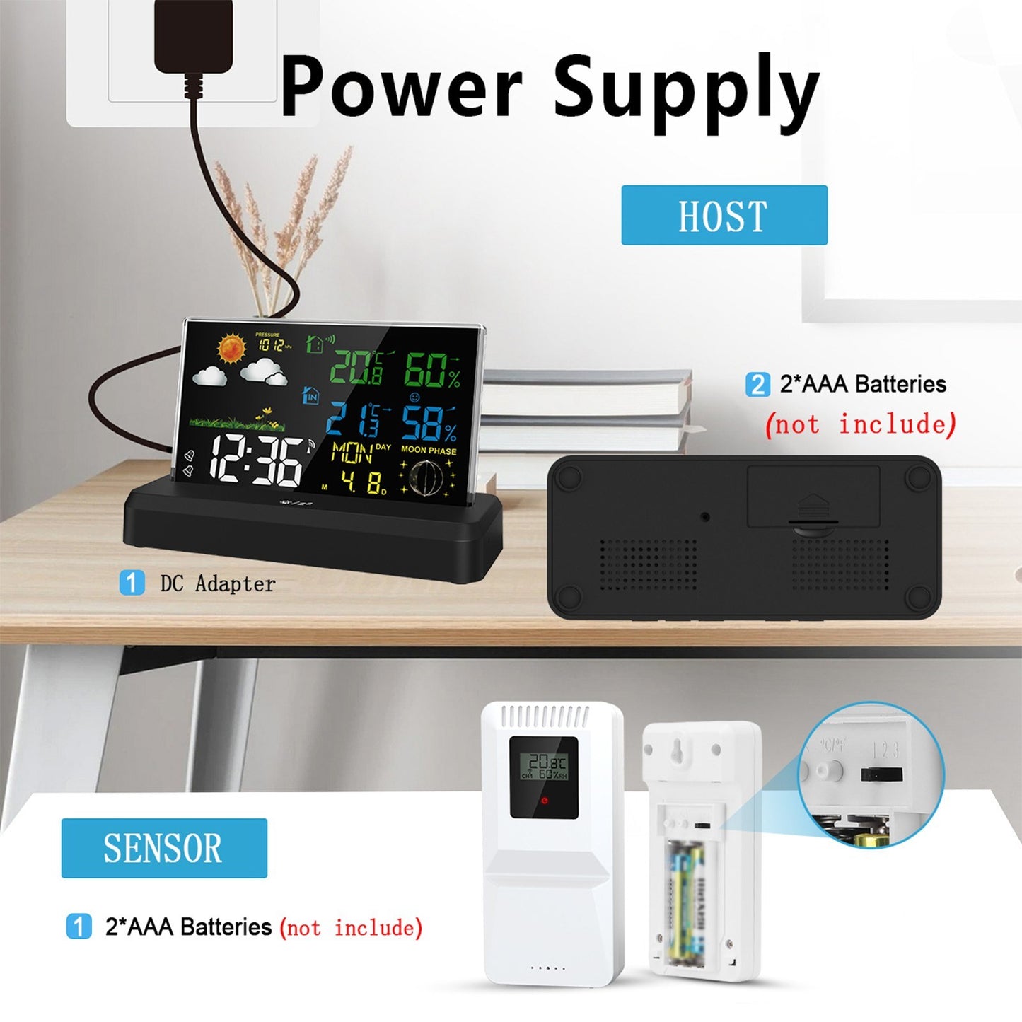 Wireless Digital Alarm Clock with HD Display, Indoor/Outdoor Thermometer & Hygrometer, Weather Forecast Function
