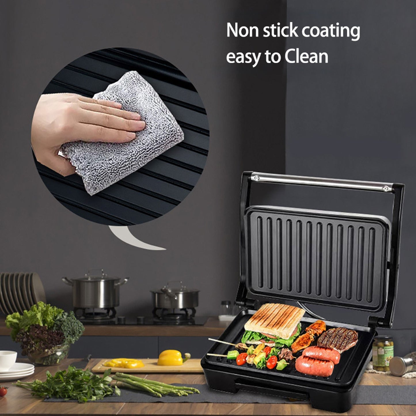 850W Non-Stick Portable Panini Press & Sandwich Maker, Food-Grade Steel, Double Side Heating, Anti-Heat Handle, Makes Up to 6 Slices